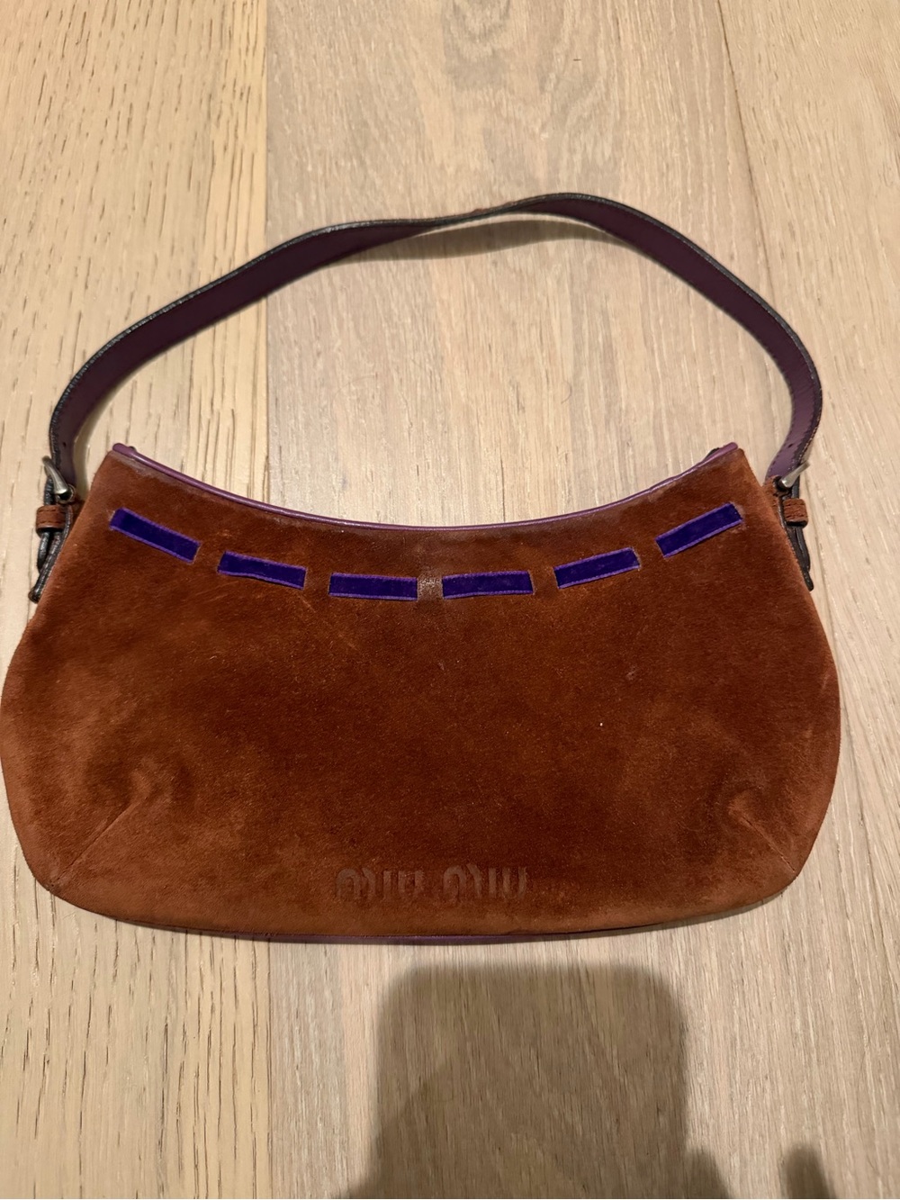 Vintage Brown MIU MIU Suede Shoulder Bag with Purple Accent - Picture 2 of 4